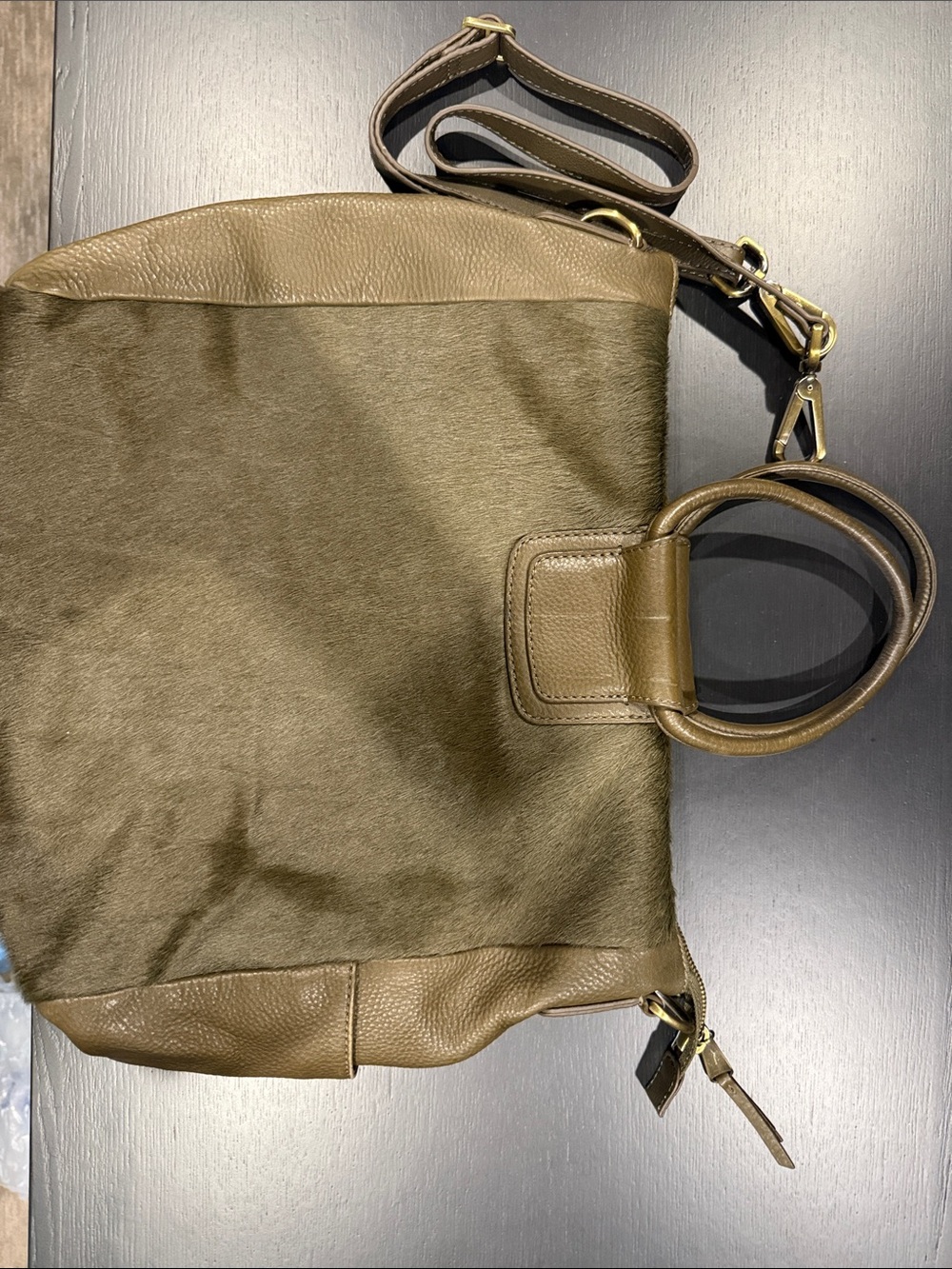 HOBO Olive Green Leather & Haircalf Shoulder Bag with Ring Handles